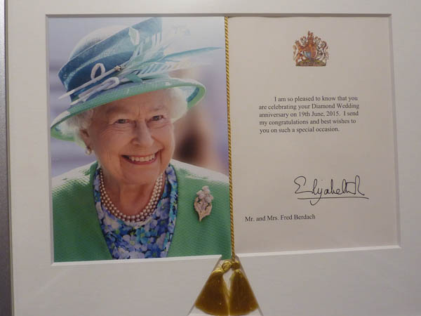 FB: "And this was a card sent Her Majesty to Vanda and myself on our Golden wedding anniversary. This is a card sent by Her Majesty the Queen on the 9th- on the19th – actually on the day – on the 19th of June to mark the Diamond Anniversary of our wedding. And it actually came by courier, a special courier. I had to sign for that. This is a lovely, lovely photo of Her Majesty."
