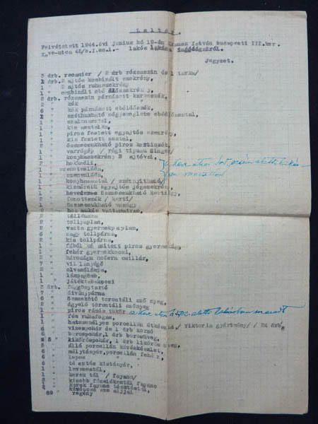 TK: Inventory of property confiscated June 1944 (one of four pages)