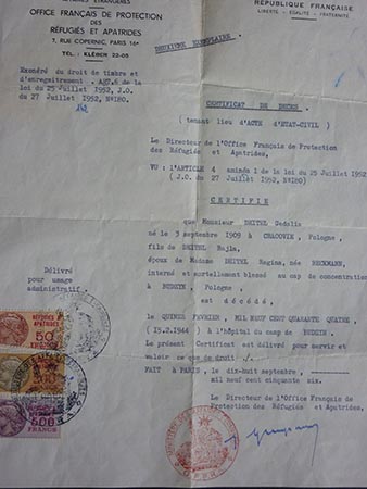RL: Father's death certificate, from the hospital of Budzyn camp, 1944. Document reissued by French government, 1952
