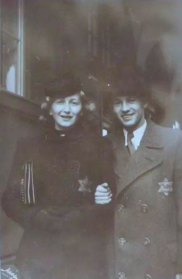 EC: Mother’s older sister, Zdena, and her fiancé Herbert Isidor, wearing yellow stars, wartime. "They both perished in Auschwitz. And my- This is the aunt who wrote the postcard from Auschwitz to her cousin in Prague with the code word ‘Lechem’, which means ‘bread’."