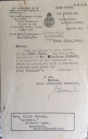 JF: Letter informing JF's mother of his father's release from internment on the Isle of Man, 1941