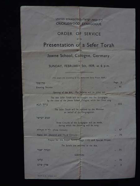 KM: Order of Service from Cricklewood Synagogue, February 5, 1936, to commemorate the presentation of the Sefer Torah brought by the Jawne School as a gift to their new host community. "It was quite a- quite a story. It's one of these interesting things really- it’s symbolic. The wandering Jew takes his Sefer Torah with him."