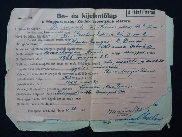 TK: Certificate of forced move in to a Yellow Star house, Budapest, June 1944