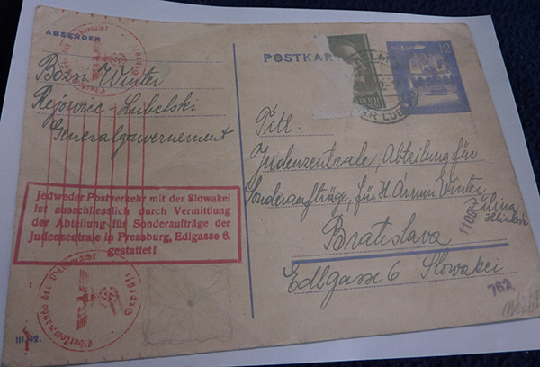 GF: Postcard from Aunt Bözsi asking for news of her husband