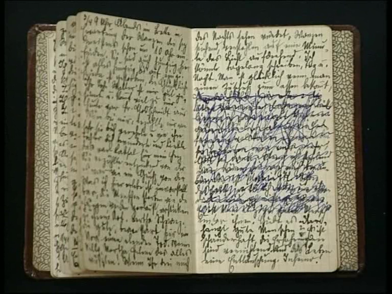 ES: Aunt's Theresienstadt diary 1942-3. "And you can see the crossed out writing, which she did afterwards, for fear it would fall in the hands of the censors, who would have punished her for it, she even said it may have cost her her life for it."