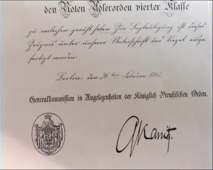 JG: Document stating his paternal grandfather Isidor Goldschmidt received the Order of the Red Eagle fourth class. Photo 1917 in Dortmund.