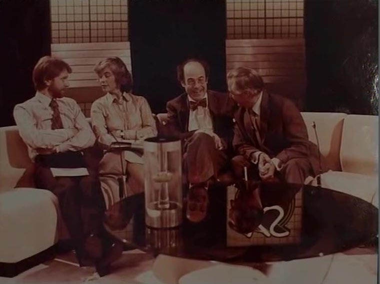HW: TV series called Young Scientist of the Year, ca. 1981, Sir George Porter first on the right (Director of the Royal Institution) and HW (others are unknown).