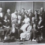 GV: Double engagement party of Gerta´s father and mother and her aunt and uncle, her maternal grandparents with their 13 children and some of their husbands, from bottom right: uncle Ferdinand, mother Josefine, father Max, second row, aunt Jetti, grandfather, Ada, Ada´s future husband Artur, grandmother Helena, Trnava, ca 1921/22