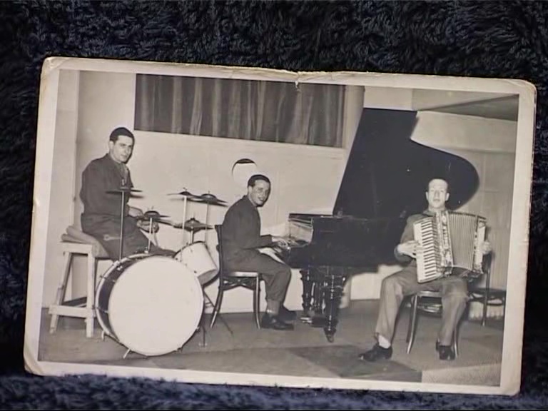 RH: 69 Company company band, swing trio. RH on piano accordion, Billy Franklin on piano, John Franks on drums. Darlington ca1942