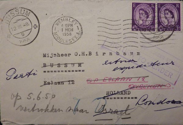 LL: Envelope of letter from LL's aunt trying to track down Mr Birnbaum, 1958. At the bottom it says in Dutch: “Vertrokken naar Israel” (moved to Israel). "And it was that that sent me off on my trail to find Mr Birnbaum, which I did, in 1981."