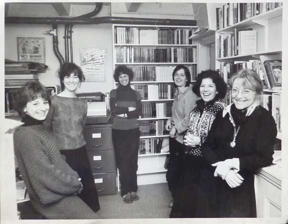 UO: In the Virago offices, Dover Street, London, late 70s/early 80s. From left to right: Lynn Knight, Virago Modern Classics. Kate Griffin, sales. UO, Editorial Director. Harriet Spicer, Production Director. Carmen Callil, Managing Director. Lennie Goodings, Publicity Director