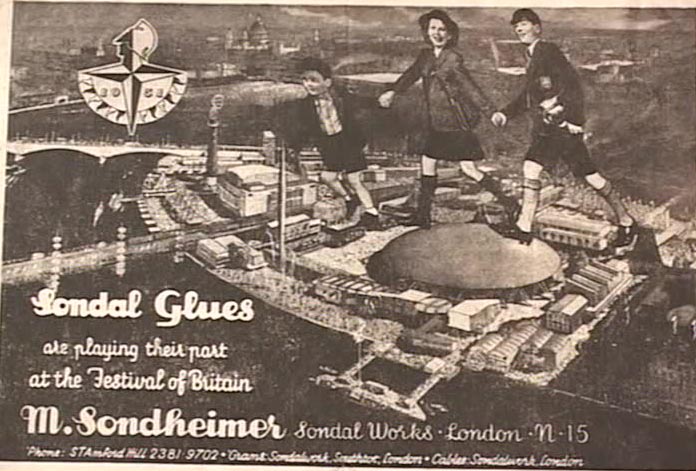 ES: Advertisement poster for father’s business ‘Sondal Glues’, at the time of the Festival of Britain in the Exhibition, 1951