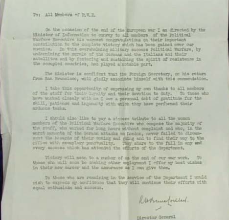 MS: Letter from the Political Warfare Executive regarding help during the war