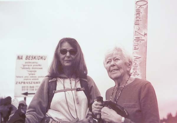 GV: Gerta with Robin at the Vrba-Wexler Memorial March, “And that’s where they- the marchers stop and read from Wetzler-Vrba’s book and- the description of what happened when they crossed the border [between Slovakia and Poland].”