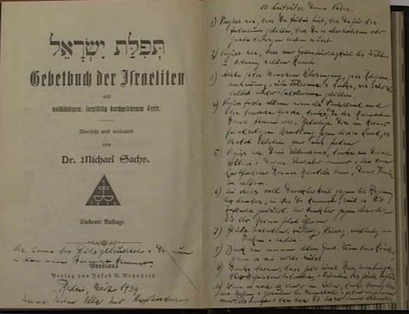 UG: Prayer book given to UG by her father the day she left Berlin for the UK on the Kindertransport, containing a long note her wrote her on ten rules for how to conduct yourself in life