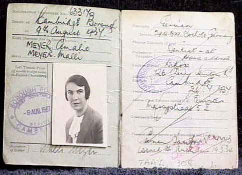 JG: Mother's alien's book, August 1937, soon after she first arrived in Cambridge