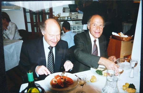RL: Celebrating 70th birthdays with his twin brother Frank, London. "I didn't meet my brother all that frequently. But we spoke every day on the phone. But we did at least meet annually during our birthdays."