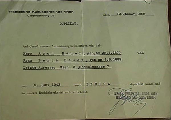 GG: Confirmation that parents were deported to Izbica, 1956
