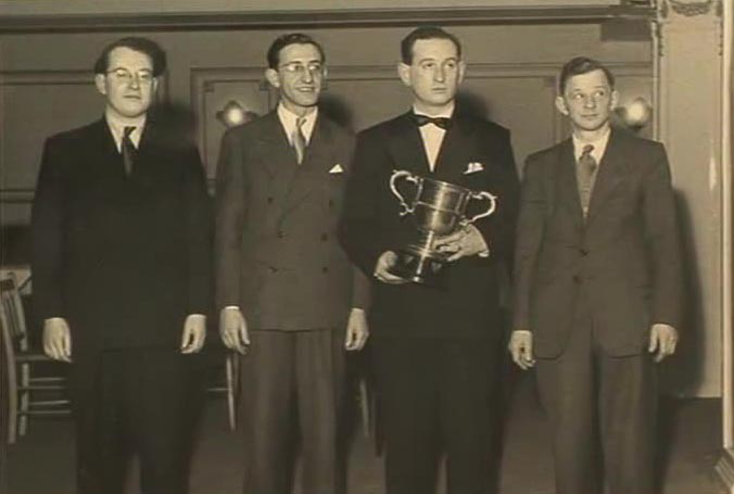 AF: The winning team of the EBU Teams of Four Congress (English Bridge Union), l-r Maurice Blank, AF, Archie Preston and Hymie Reece. Blackpool, 1950s