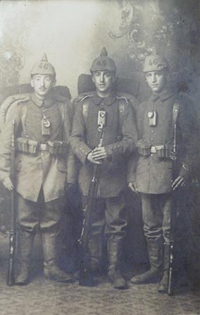 JM: Father on the left with two of his friends, having just enlisted in the German army, before they were sent to the Eastern Front, 1915