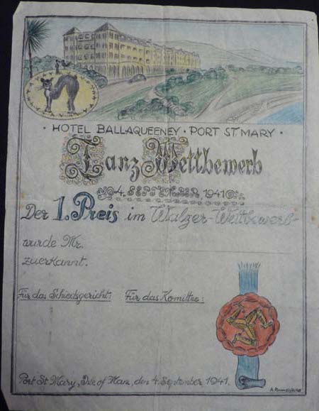 ES: Template for a certificate of the first prize of a waltzing competition held at the Hotel Ballaqueeney, Port St. Mary, September 1941