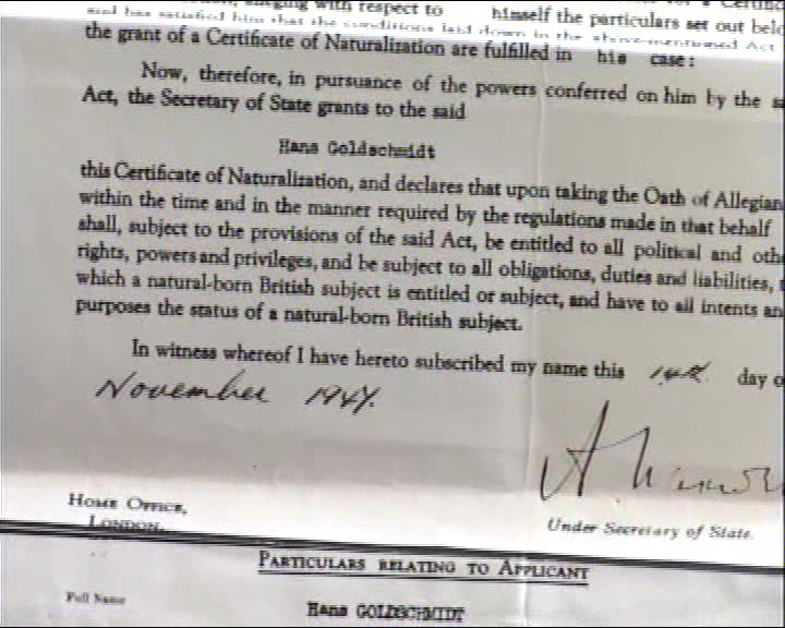 JG: Certificate of naturalisation as Hans Goldschmidt, London November 1947