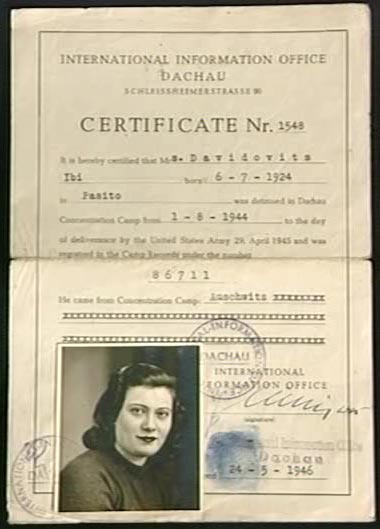 IG: Certificate from Dachau confirming IG had been in the concentration camp, 1946. "there is my number, my prisoner number on that"