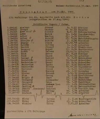 JC: The transport list of prisoners taken from Auschwitz to Bochum, 20 August 1944, the list includes JC (as Chillag, Janos and his father)