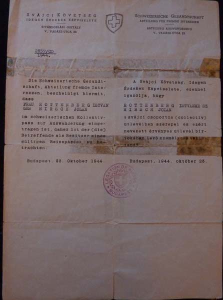 EB: Wartime Swiss protection letter. "This is a protection letter issued by the Swiss embassy to my mother. It is a group protection certificate to try to prove that she was a Swiss citizen, therefore she shouldn’t be hung by the Nazis. I don’t know if she ever used this, but it showed the desperation of her wanting to get something like that."