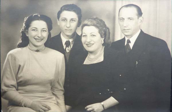 BS: At the time of his barmitzvah, sister, BS, mother, father, Ealing Synagogue, 1948