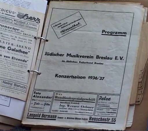 RH: Jüdische Musikverein, Breslau, 1936, programme of the Jewish Kulturebund. "Obviously Jews in Germany had to find their own entertainment and cultural activities due to the prescriptions instituted by the Nazis so we had regular concerts and that was the season 1936/37."