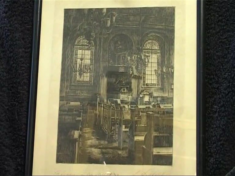 EK: Black and white drawing of the interior of the synagogue in Öls, Silesia by an artist called Labouchine, date not given