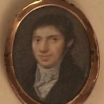 KH: Ancestor Michel Henriques, born in Glückstadt ca 1680, also known as Michel Hoffaktor, Michel Tabakspinner, Michel Glückstadt or Michel Portuguese. The back of the portrait contains a hair sample & some diamond splinters arranged in an H for Hinrichsen.