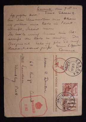 LL: Card from mother from Bergen-Belsen, sent to an acquaintance in Switzerland who forwarded it to LL's aunt in London. January, 1944