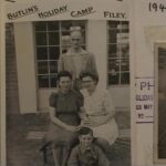 HS: In a white floral dress, first holiday at Butlins Holiday Camp, 1946. "we had great fun!"