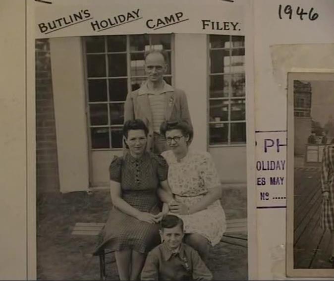 HS: In a white floral dress, first holiday at Butlins Holiday Camp, 1946. "we had great fun!"