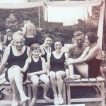 GV: Gerta with family and friends in swimwear, from left: unknown, Gerta, mother Josefine, cousin Manci, uncle Hans and his future wife Olga Trvana, 1933, “people sat down to rest after they had a swim in the swimming pool in Trnava, which was a very nice pool for us and we used to go swimming there."