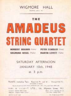 The debut concert of the Amadeus Quartet at the Wigmore Hall, the first of many around the world